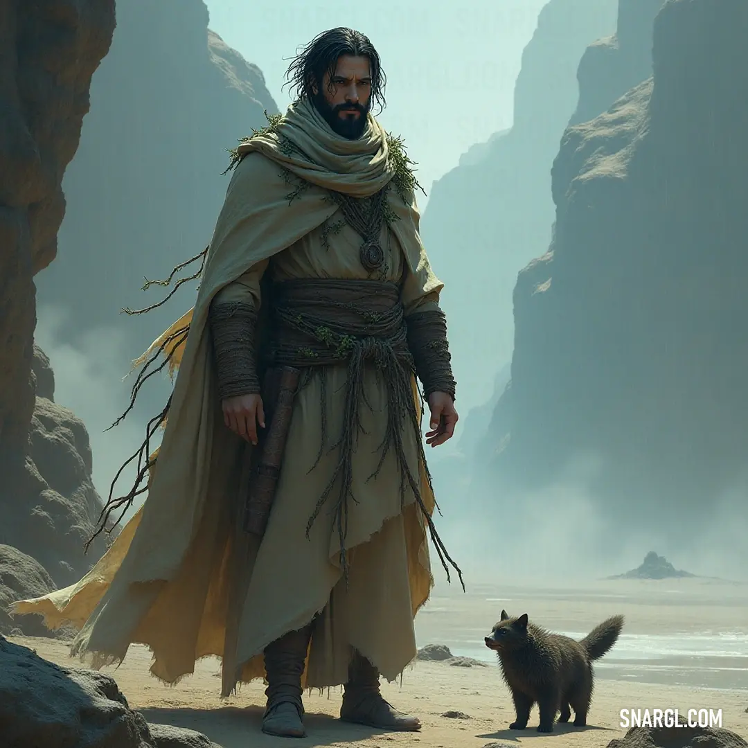 A captivating duo on a beach: a resilient adventurer in a desert outfit and a faithful companion under the watchful eye of towering mountains, celebrating the bond between human and nature. Amidst the sandy shores, a lone figure dressed in a rugged desert outfit stands alongside a loyal dog, gazing at the majestic mountains crowned with cliffs that seem to whisper tales of adventure against the azure sky.