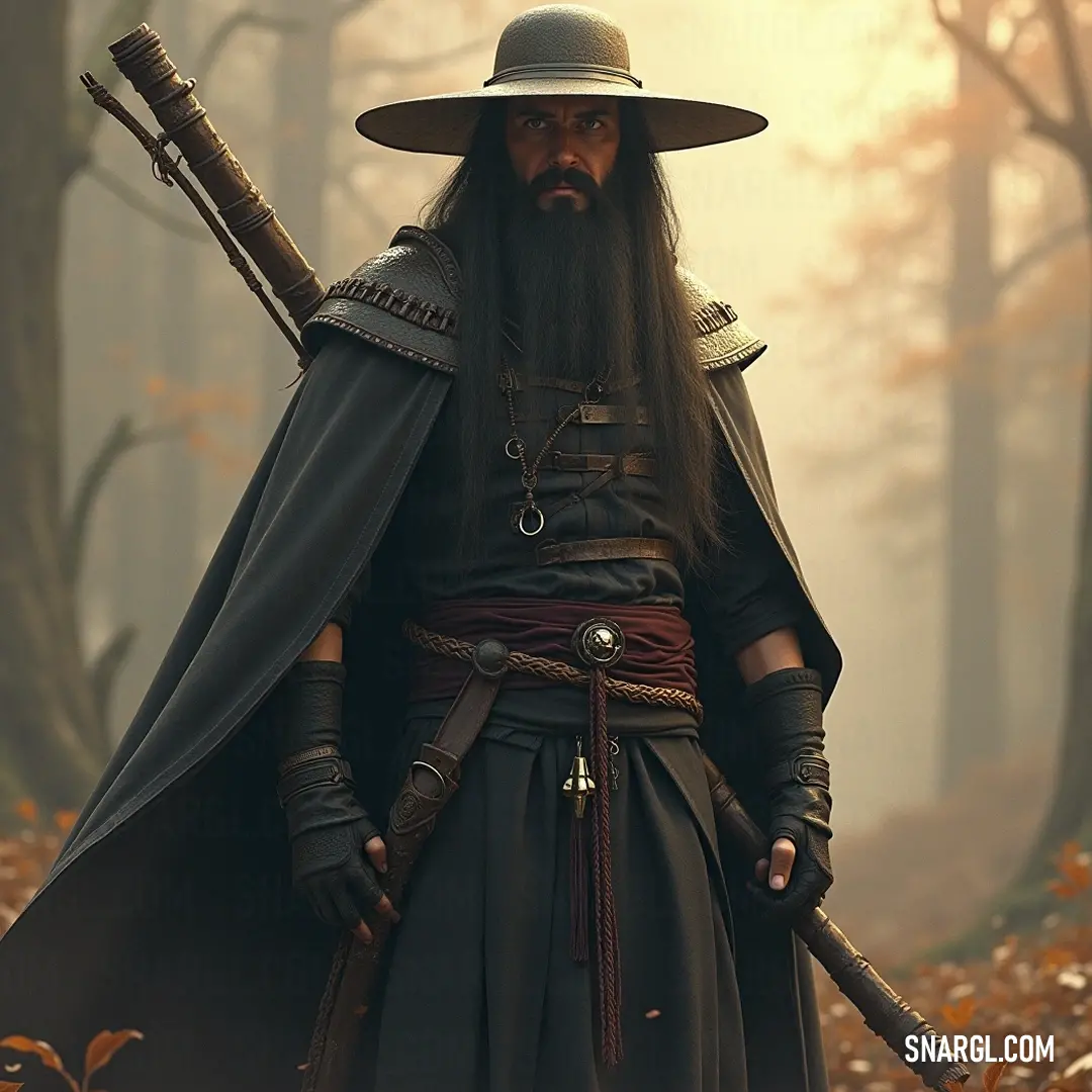 A captivating scene of Jin in a hat, long black hair cascading down, brandishing two swords while surrounded by a verdant forest and a carpet of colorful leaves underfoot. A mysterious figure named Jin stands tall in a dense forest, donning a wide-brimmed hat and flowing black hair. He confidently holds two gleaming swords, the sunlight filtering through the vibrant leaves surrounding him, reflecting off the blades to creat