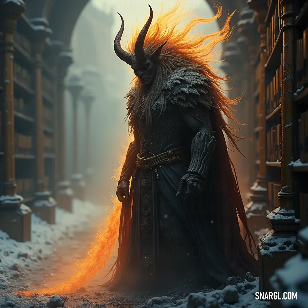The Jinn, radiant in a snowy alley, wields a blazing fire, its long coat flaring against the winter chill, melding warmth and cold in a captivating dance of light. In a snowy alleyway, a Jinn with impressive horns clutches a flickering fire in hand, dressed in a long coat that sways with the winter breeze, as the contrast of warm light against the cold snow creates a mesmerizing enchantment.
