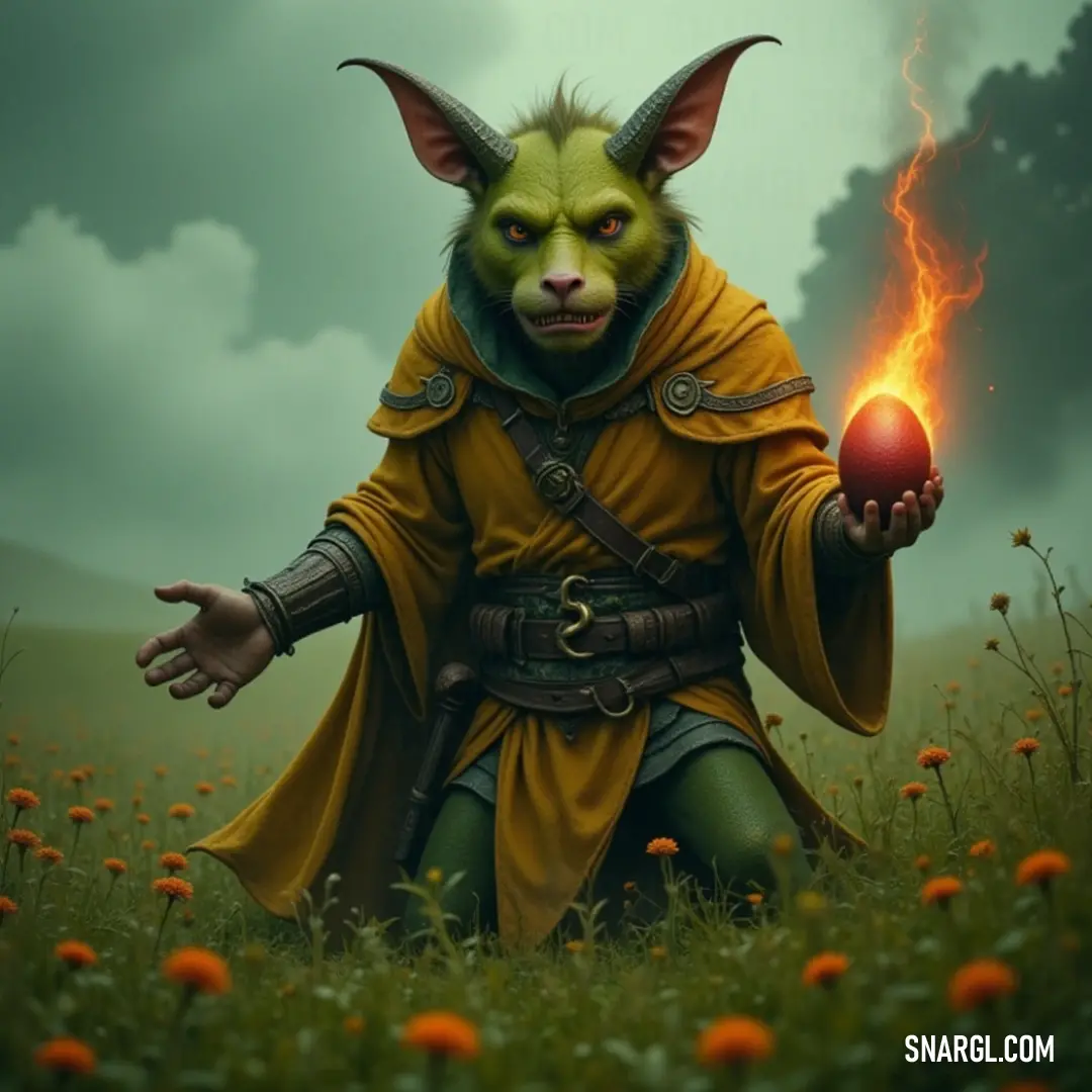 An illustration of Jinny Greenteeth surrounded by colorful flowers, holding a red ball, radiating enchantment and playful spirit. A whimsical painting of Jinny Greenteeth, radiating mischief as she holds a bright red ball amidst a vivid field of flowers. The scene bursts with color and the playful essence of the sprite, inviting viewers to explore a land where magic blooms in every