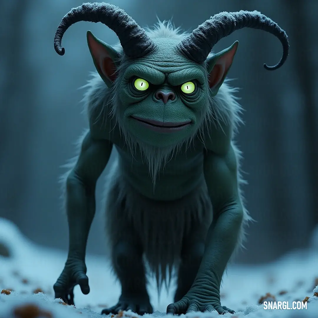 A mesmerizing green Jinx with glowing eyes and horns, elegantly positioned amidst a snowy landscape where frosty trees frame the enchanting scene.