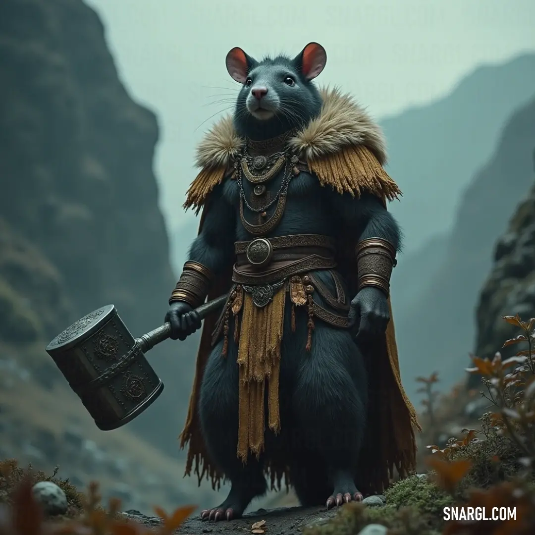 Jinx, a robust warrior dressed in intricate attire, ascends a rocky mountain path, wielding a substantial axe and reigniting the spirit of ancient battles. A fierce warrior named Jinx, decked in a majestic fur-collared costume, stands defiantly on a rugged mountain trail, clutching a large axe, exuding confidence amid the wild.