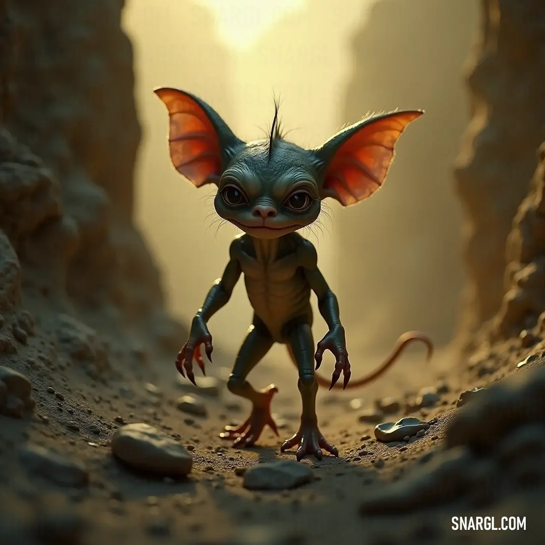 Meet the small Jitter with big dreams, standing bravely in a cave filled with towering rocks and shadows. A charmingly small Jitter character with oversized ears and large, expressive eyes stands amidst rugged rocks in a cave. Its innocent expression contrasts beautifully with the dark, rocky surroundings, making it appear both endearing and curious.