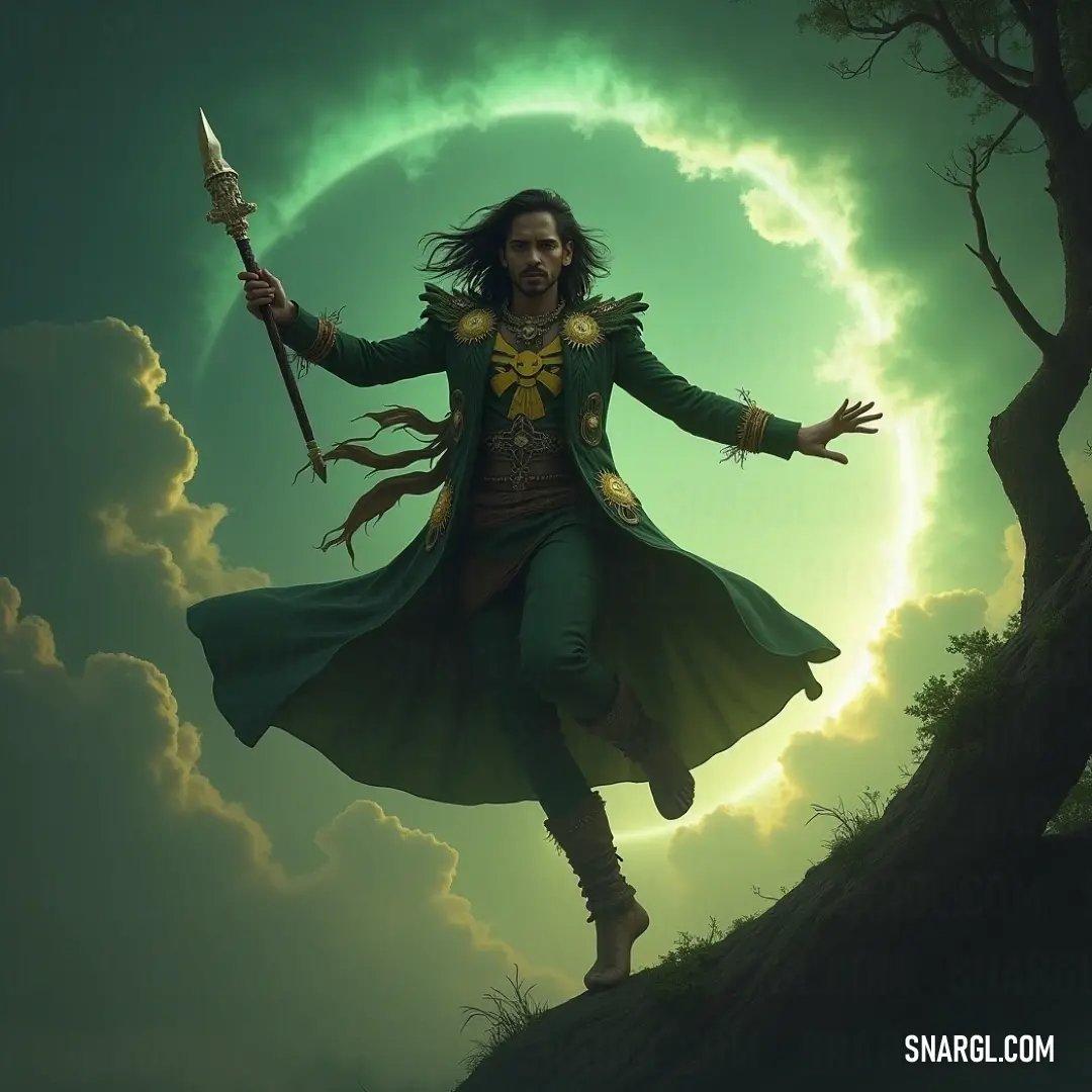 A brave character in a green coat and cloak, brandishing a sword on a scenic hill with a tree and sun. A heroic figure clad in a vibrant green coat, wielding a shining sword, stands prominently atop a hill. A flowing green cloak billows in the gentle breeze, while a majestic tree and a warm sun illuminate the backdrop, creating a scene of adventure and val