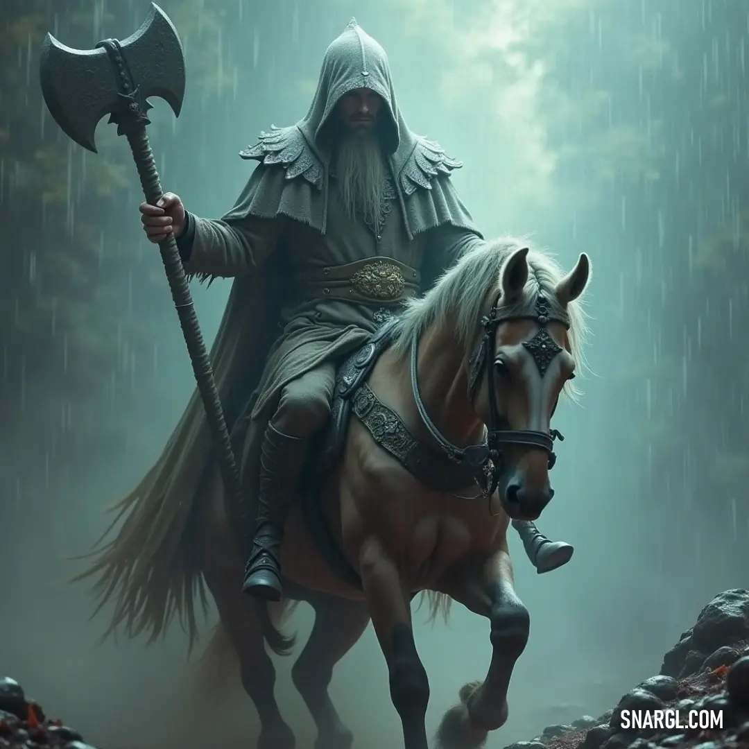 A gallant warrior navigating a storm on horseback, wielding a staff and axe with fierce resolve. A noble figure rides through the rain on a majestic steed, wielding a staff, with an axe gripped tightly in their hand. Cloaked in a rich, dark outfit, they traverse the stormy path, embodying a blend of power and determination.