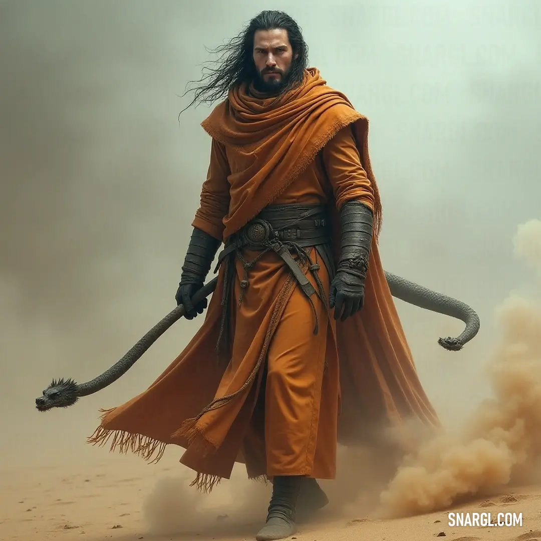 A mysterious figure in a flowing robe stands in an arid desert landscape, gripping a massive snake with a fierce stare. The sun casts shadows over his intricate beard, emphasizing the rugged atmosphere of this captivating setting.