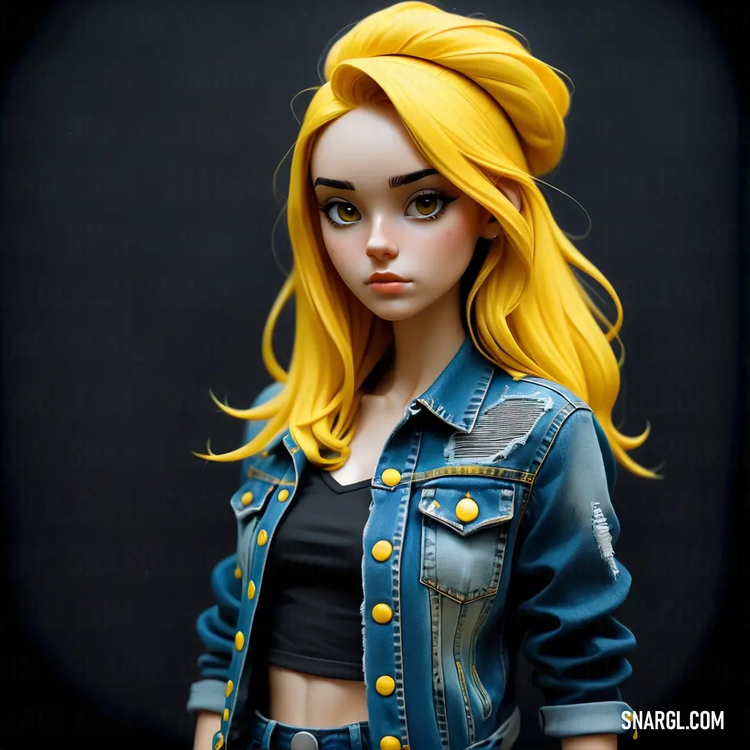 Doll with blonde hair and a denim jacket on a black background. Color RGB 250,218,94.