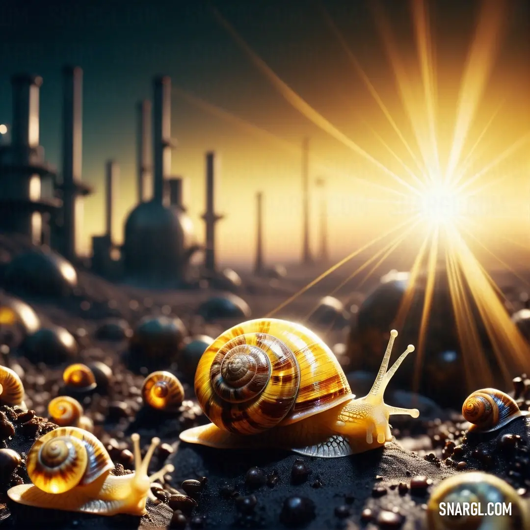Snail is on a rock in the middle of a field of snails with the sun shining behind it. Example of Jonquil color.