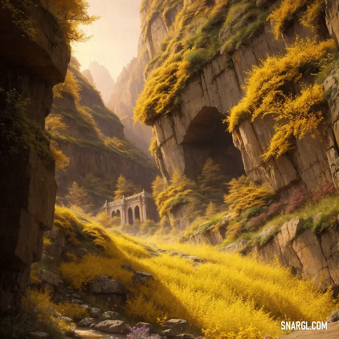 Painting of a mountain landscape with a bridge and a cave in the middle of it with yellow flowers
