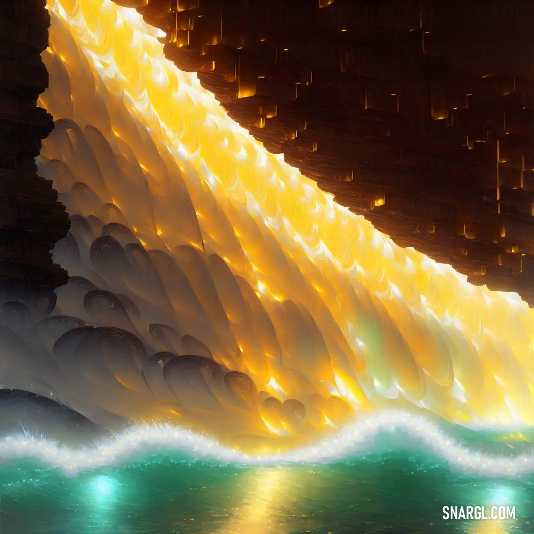 Painting of a wave coming towards a cliff with lights on it and a bright yellow light shining on the cliff