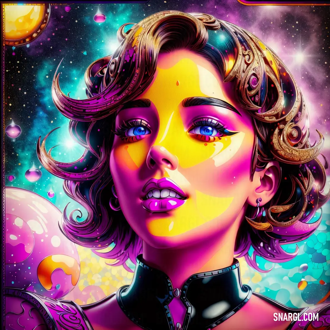 Painting of a woman with a choker on her neck and a space background behind her