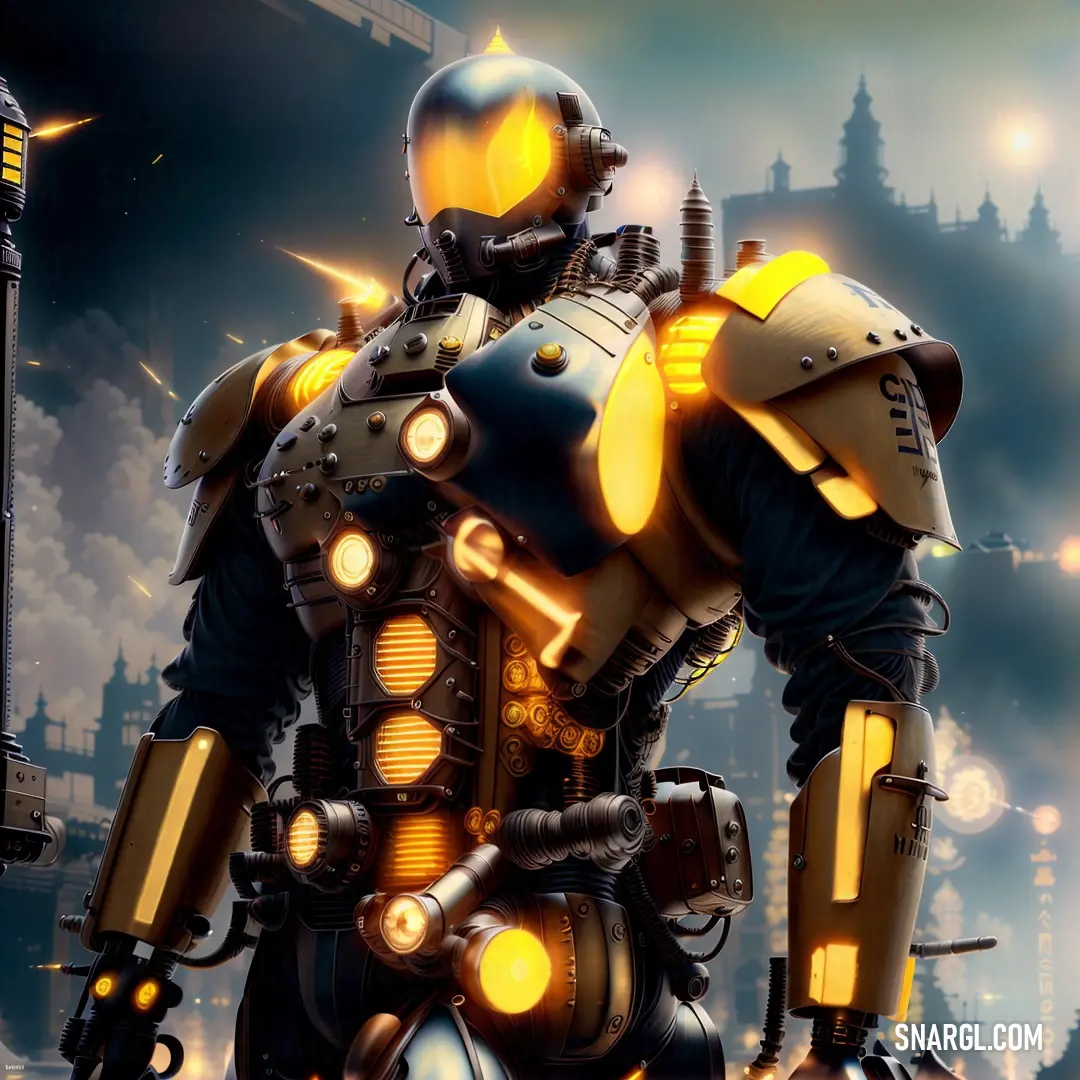 Robot with a yellow light on his chest and a black suit on his body and a city in the background