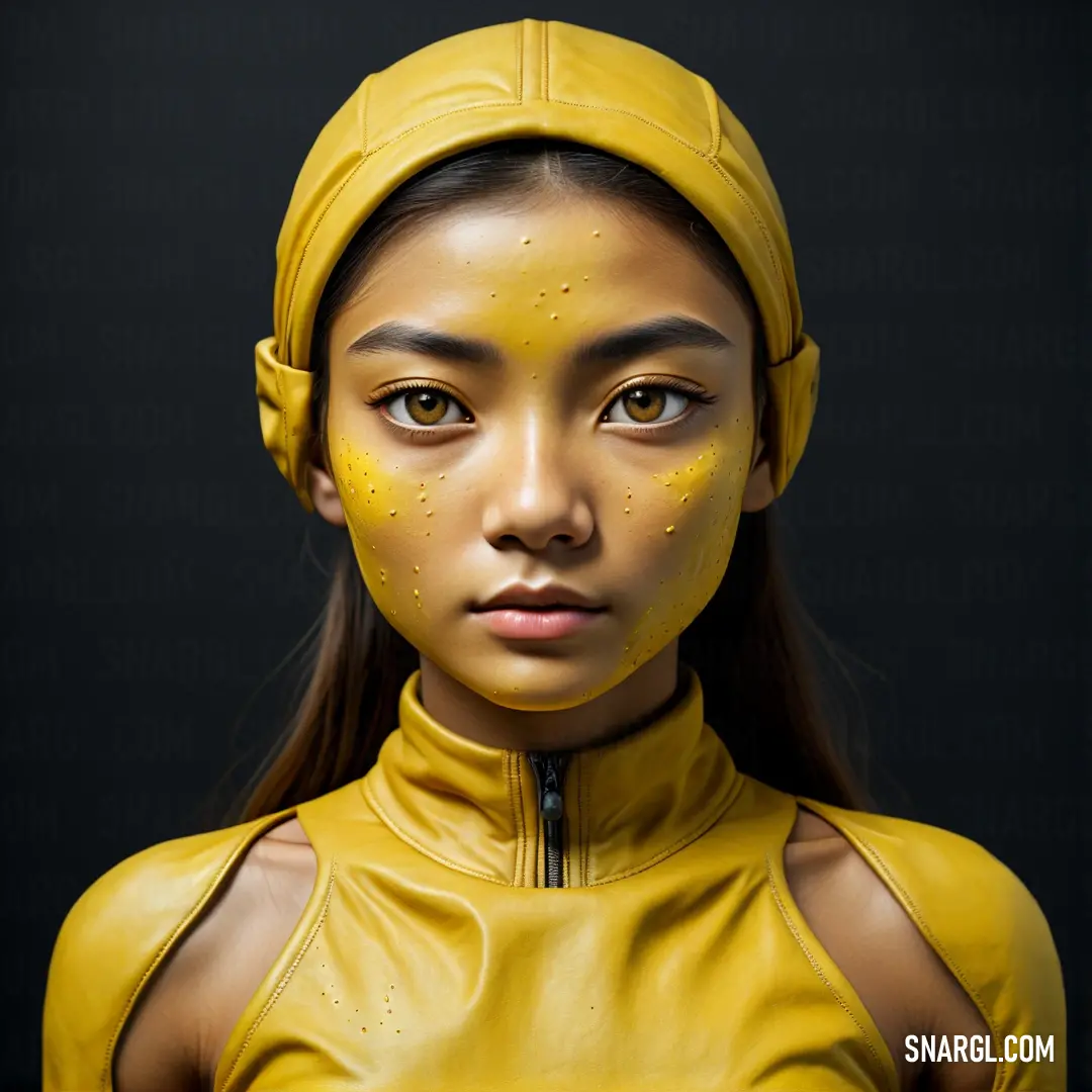 Woman with yellow paint on her face and a yellow hoodie on her head and a black background. Example of RGB 250,218,94 color.
