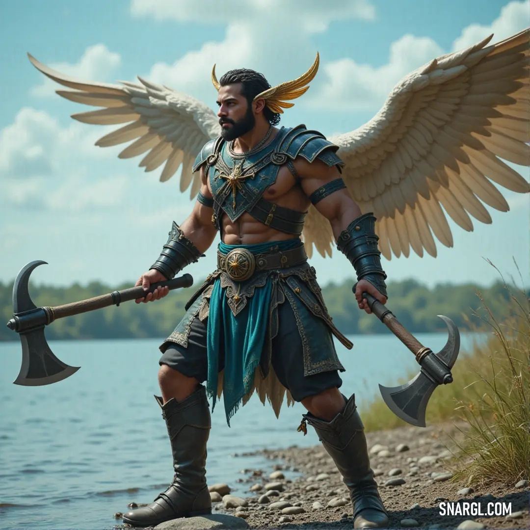 Jophiel, armored and winged, standing with an axe by a tranquil lake with a bird on his shoulder. Jophiel, adorned in shimmering armor, stands proudly with a battle axe at his side. His wings are spread wide as he gazes across a tranquil lake, a large bird perched on his shoulder, marking him as a guardian of nature and balance.