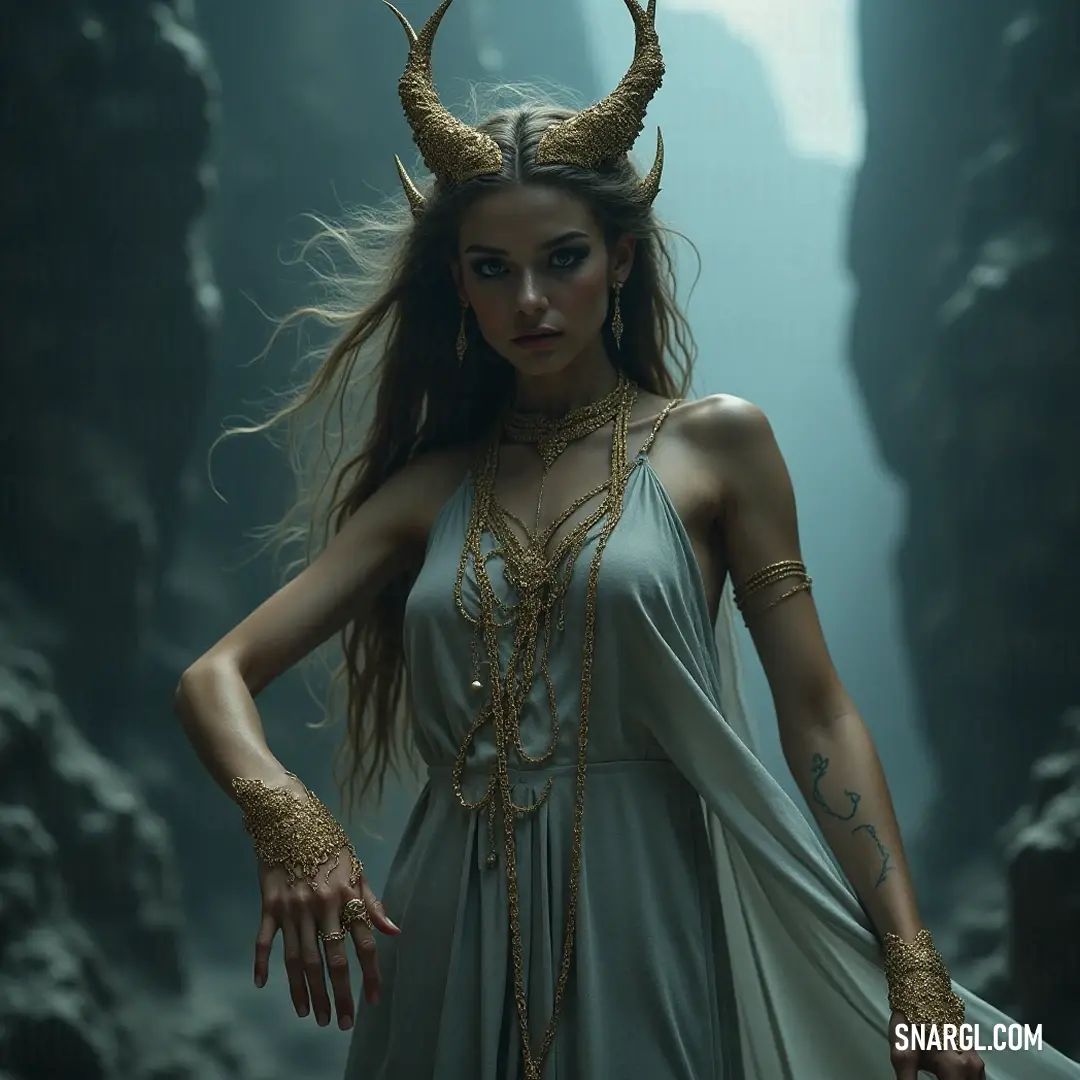 Jophiel, adorned with horns, commanding presence in a shadowy cave. Jophiel stands confidently in a mysterious cave, embellished with striking horns and a unique dress, exuding an aura of strength and wild beauty, captivating the essence of intense emotions and forgotten realms.