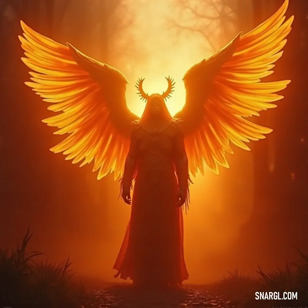 Jophiel with large wings standing in a tranquil forest illuminated by sunlight. In a mystical forest, Jophiel stands tall, her expansive wings catching the light of the sun filtering through the treetops. The enchanting scene radiates tranquility, with dappled sunlight playing upon her as nature surrounds her in an embrace of serenit