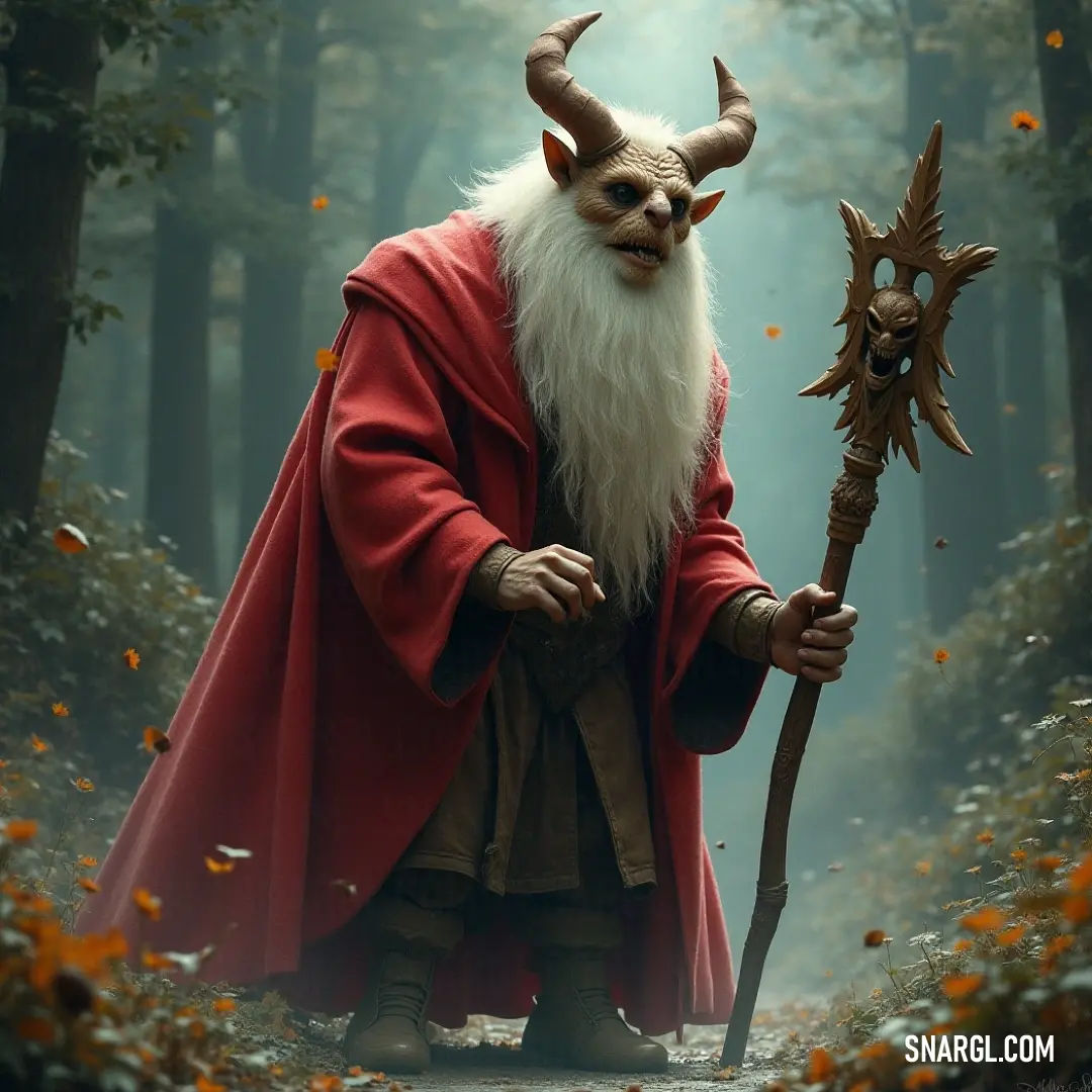 In a lush forest teeming with leaves and flowers, Jörgen embraces his darker persona as a demon, adorned with twisted horns and a magnificent staff, casting a mesmerizing presence amidst the vivid scenery.