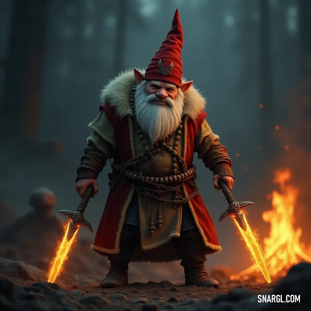 In a mystical woodland, Jörgen holds a sword with a vibrant flame in his hand, casting shimmering light around him. His fierce gaze and glow create an aura of strength and confidence against the dark backdrop of the forest.