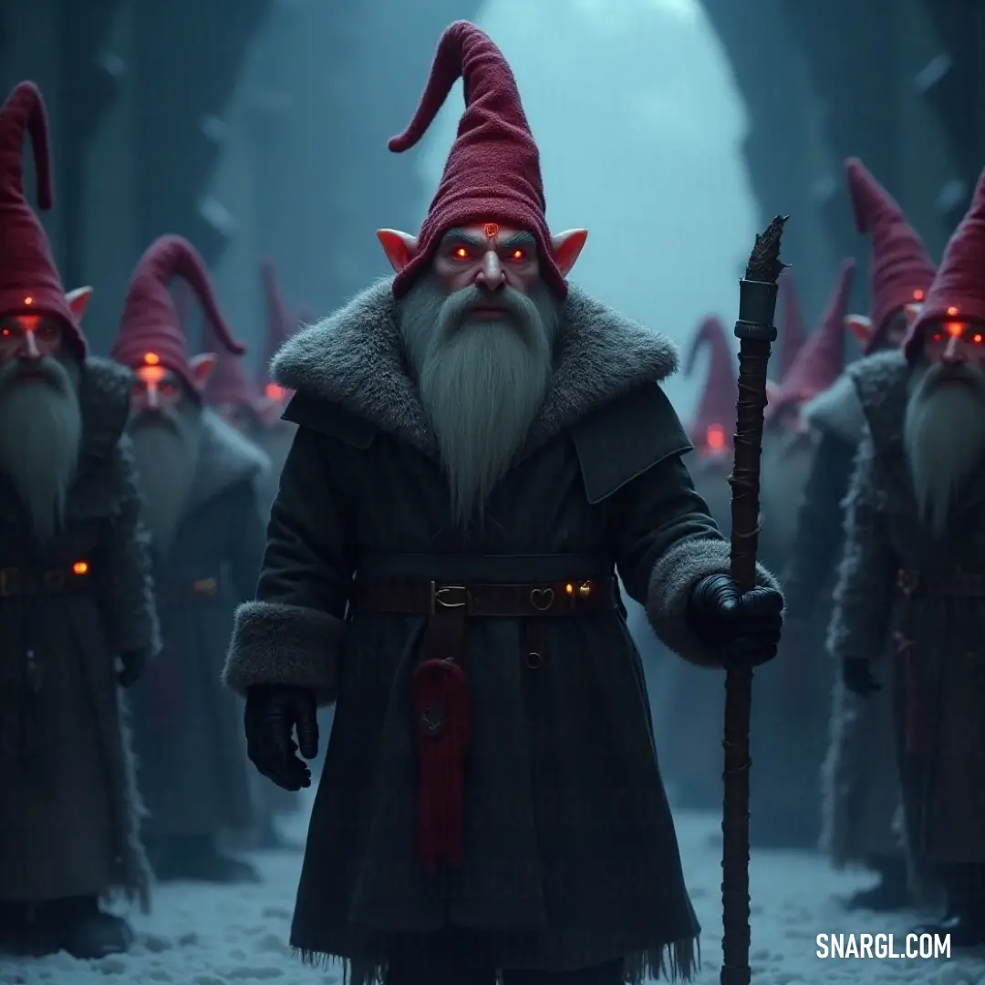 A mystifying gathering of gnomes beams with energy as red lights illuminate their joyful faces and long hair, evoking a sense of festive camaraderie in a magical setting filled with enchantment.