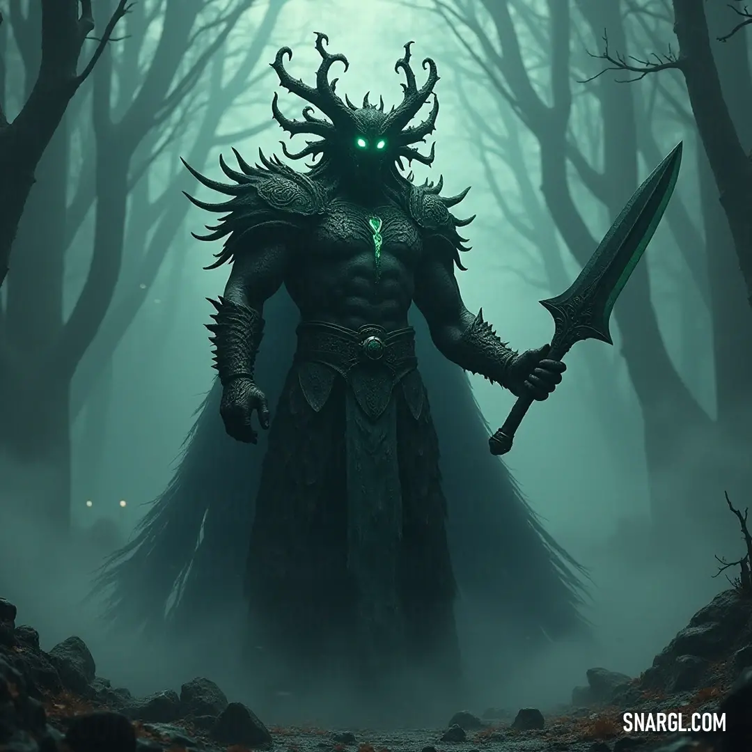 Jormungandr, fearsome and poised with a sword amidst a mystical forest shrouded in fog. In a misty forest setting, Jormungandr sports a horned head while gripping a gleaming sword, surrounded by tall trees and a blanket of fog that enhances the air of mystery in the scene.