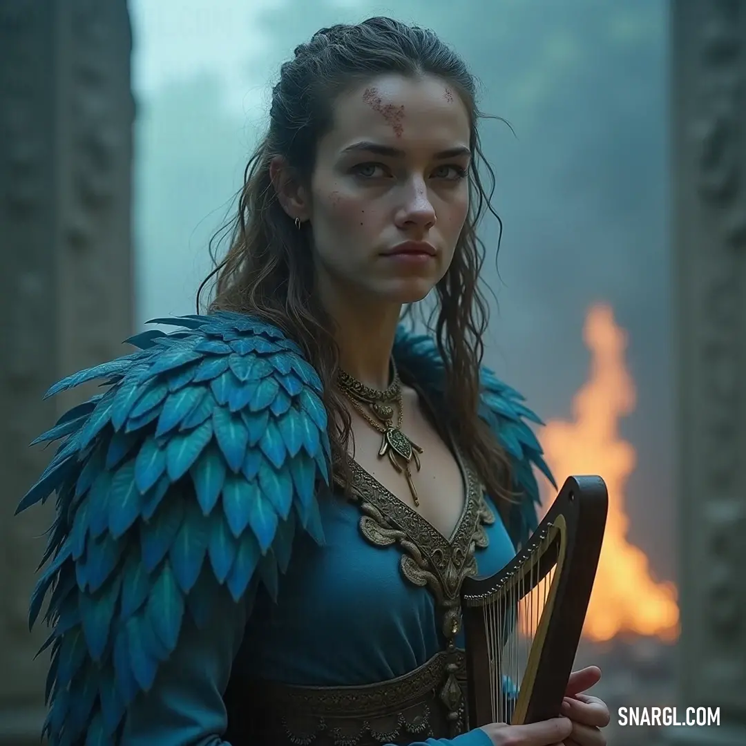 A figure in a flowing blue dress plays a harp amid swirling flames and smoke, invoking deep emotions. Bathed in the warm glow of flickering flames, a poised figure in an elegant blue dress holds a harp gracefully as dark smoke swirls around her. The visual contrast emphasizes the haunting beauty of her music, creating an enchanting atmosphere filled with