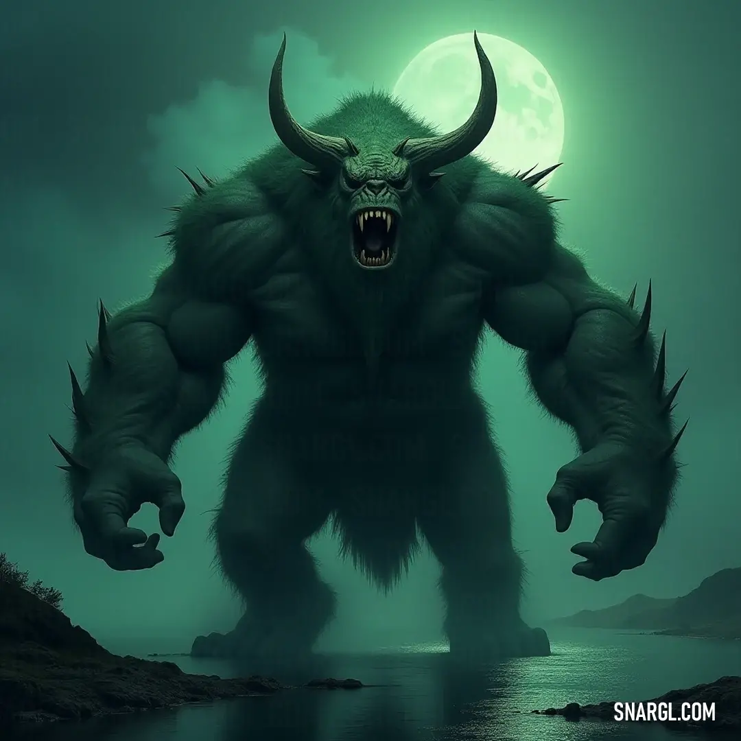 A giant Jotun with an intimidating mouth and teeth, standing in water under a luminous full moon, evoking awe and wonder. A massive Jotun looms in the water, its enormous mouth and formidable teeth starkly silhouetted against a glorious full moon, creating an awe-inspiring scene that enchants and terrifies in equal measure.