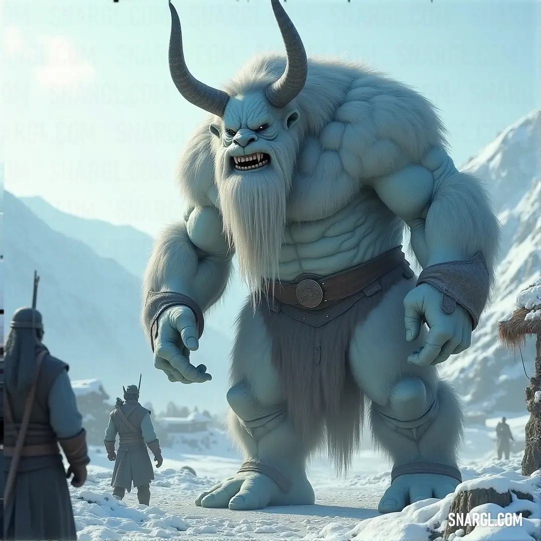 Adventurers gather around a colossal white Jotunheimr, standing in the snow, with a vast and breathtaking sky above. A group of brave adventurers stands around a towering white Jotunheimr, whose vast, snowy body stretches out in the frigid landscape. The snow gently falls from the sky, adding to the serene, otherworldly feeling of the scene.