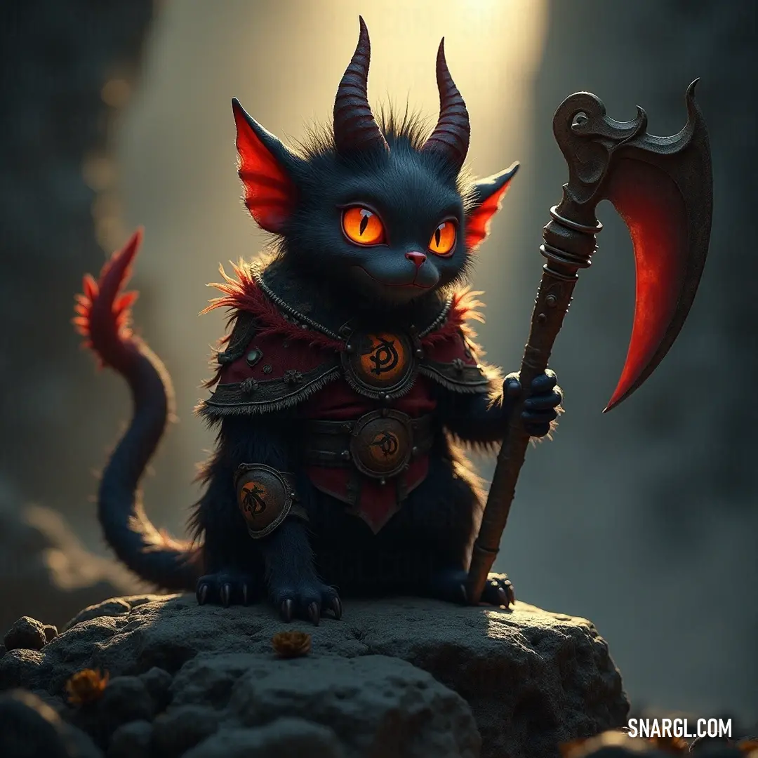 Valiant Black Jumpy with Axe Bathed in Light A formidable black Jumpy, cloaked in a striking red cape, grips a large axe as it stands triumphantly on a rock within the cave, with a radiant light illuminating its valorous stance.