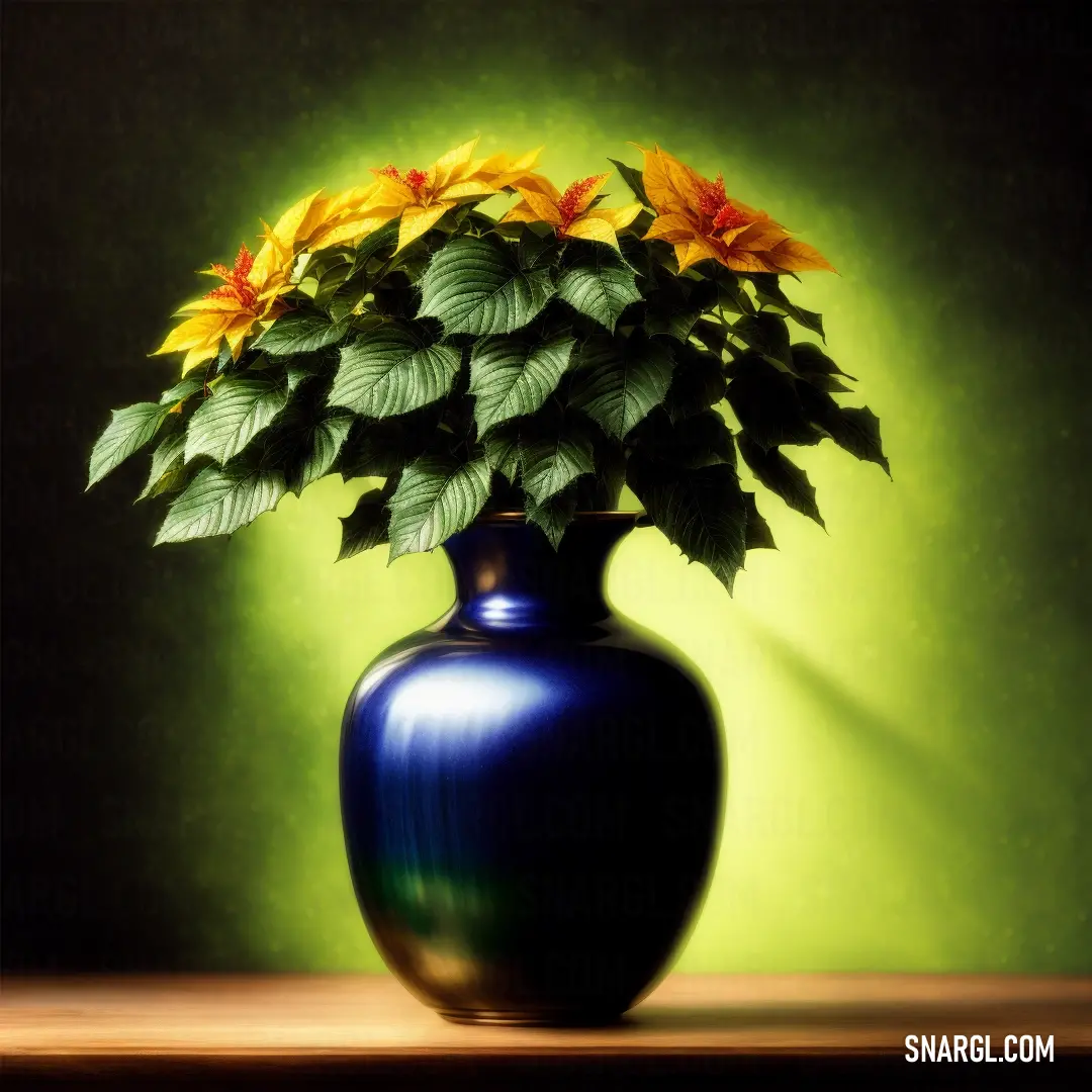 Blue vase with yellow flowers in it on a table against a green background with a shadow of a wall