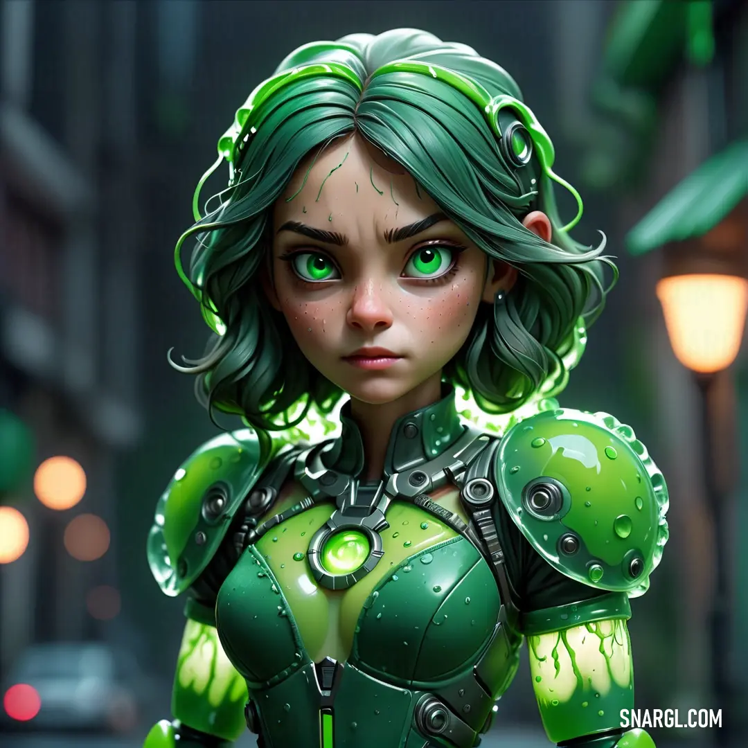 Cartoon character with green hair and green eyes wearing a green suit and green gloves and holding a green umbrella