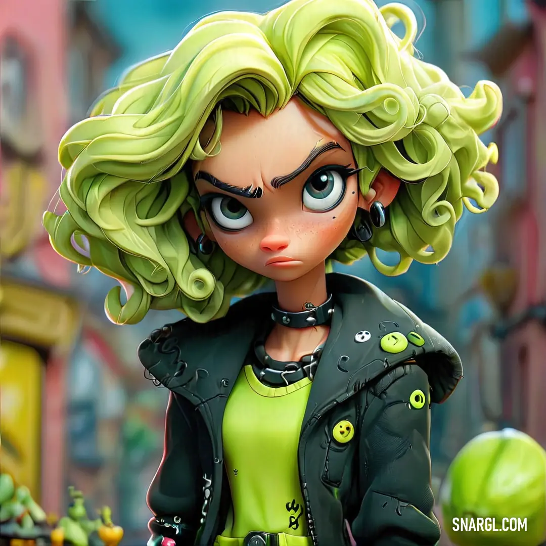 Cartoon character with green hair and a green outfit and a green apple in front of a city street. Color #BDDA57.