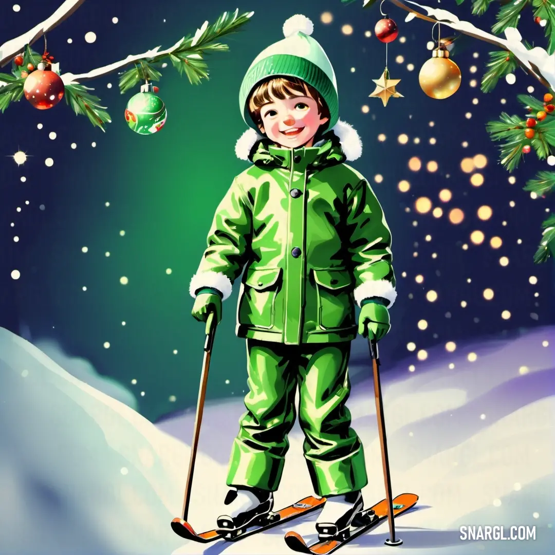 Child in a green snow suit on skis in the snow with christmas decorations on the tree behind him. Color #BDDA57.