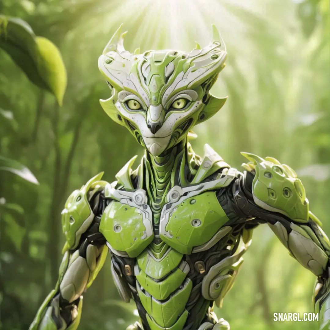 Green alien with a large head and a body made of metal and surrounded by plants and trees. Example of CMYK 13,0,60,15 color.