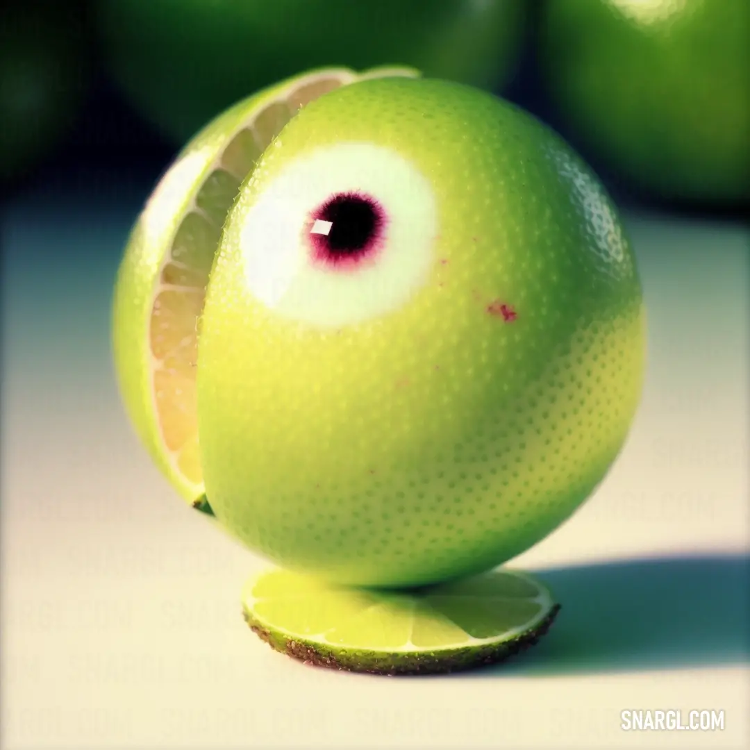 Green apple with a piece of orange in the middle of it with a eyeball on top of it