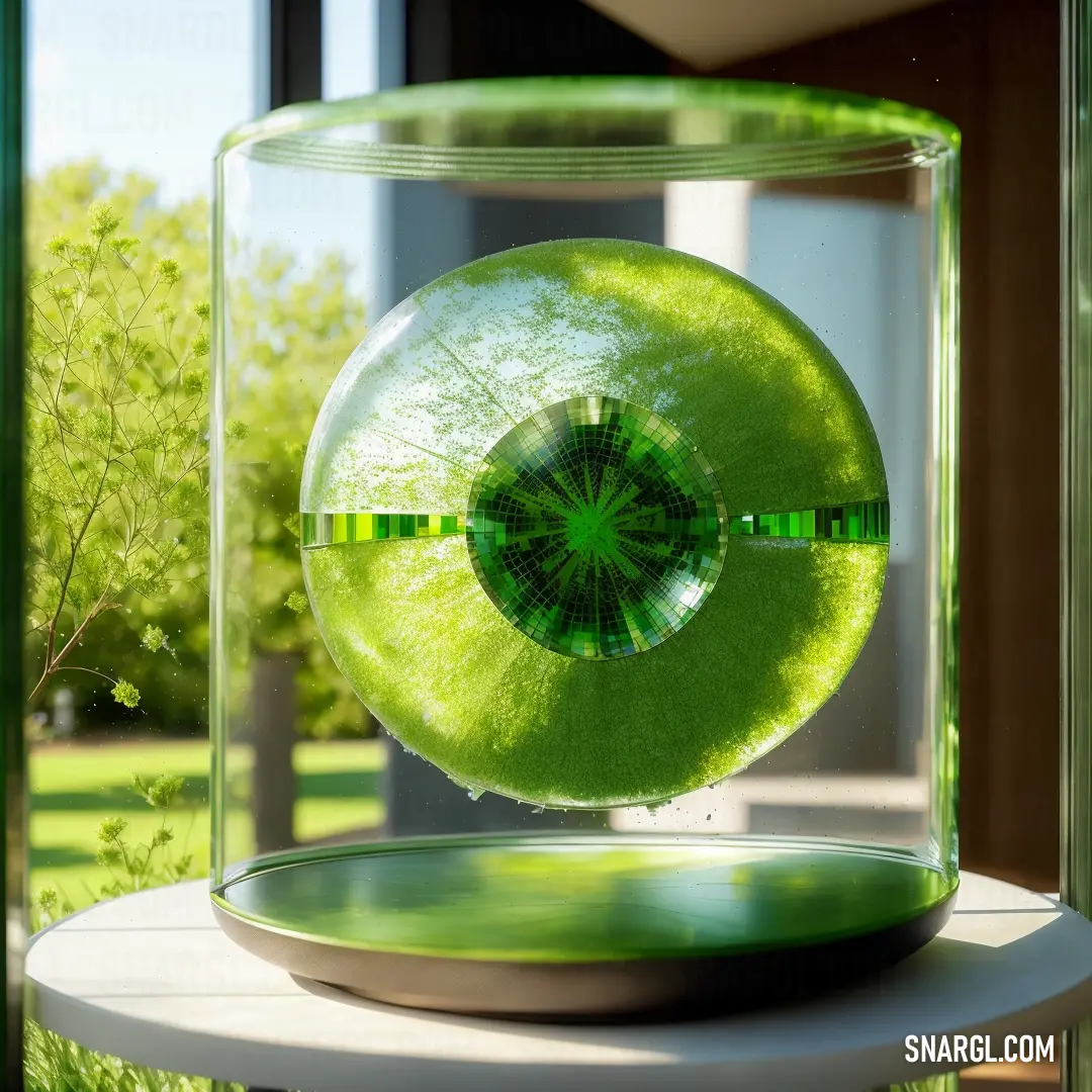 Green object in a glass case on a table outside a building with a green background and a reflection of a building