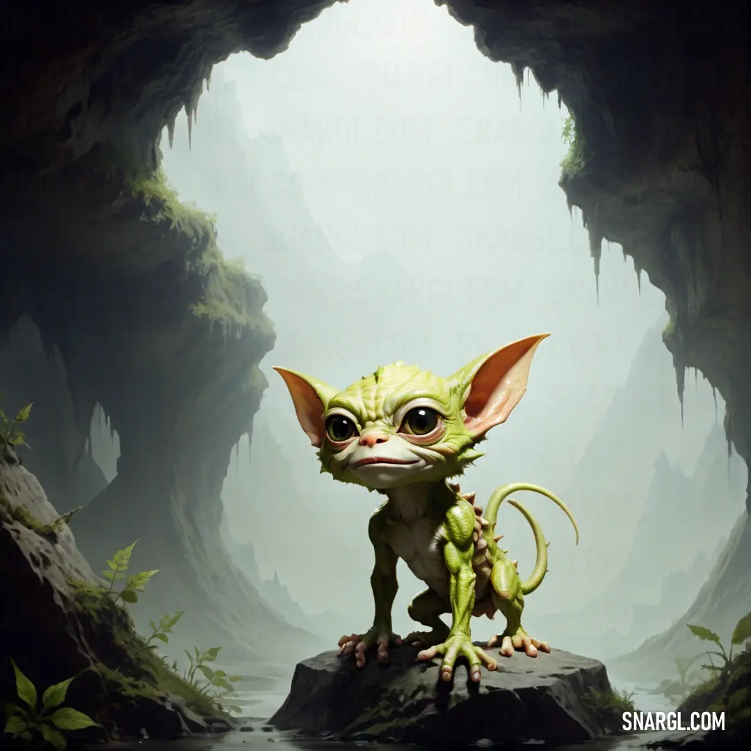 June bud color example: Baby yoda is standing on a rock in a cave with a waterfall in the background