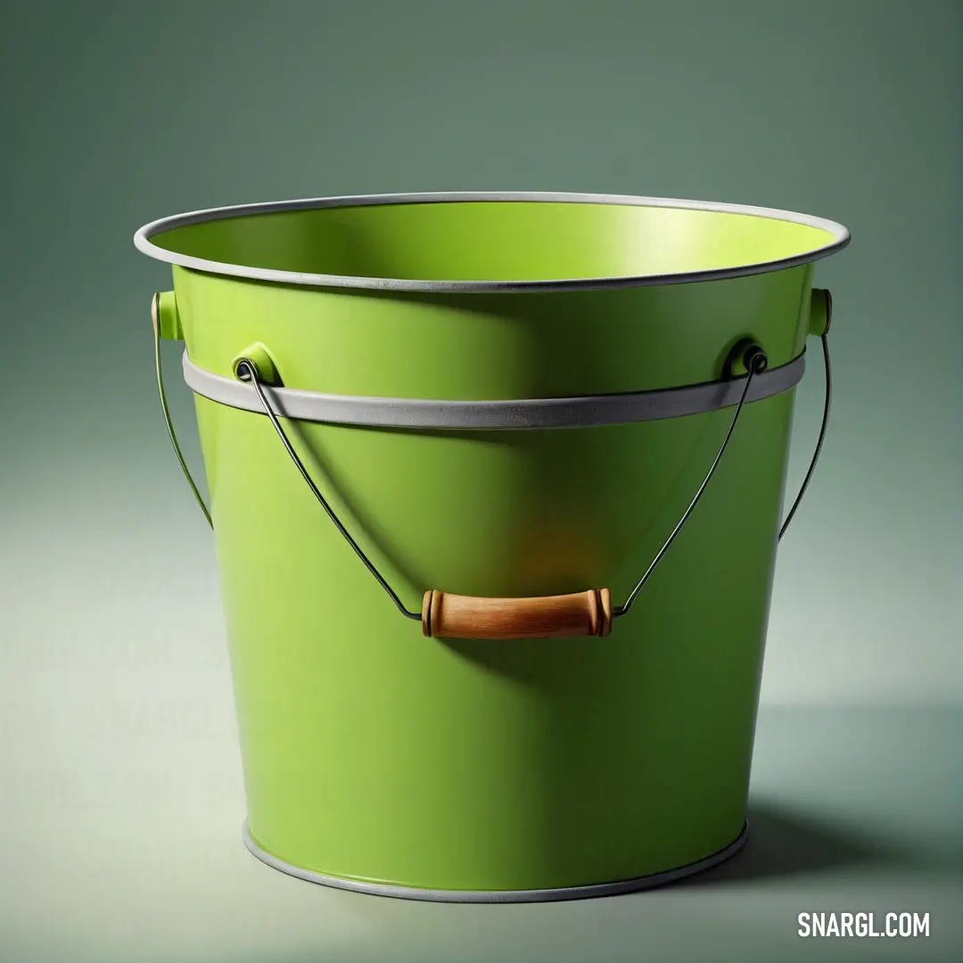 Green bucket with a wooden handle and a handle on the side of it, with a green background. Color June bud.