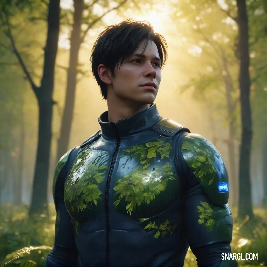 Man in a futuristic suit standing in a forest with trees and grass on his chest. Color CMYK 13,0,60,15.