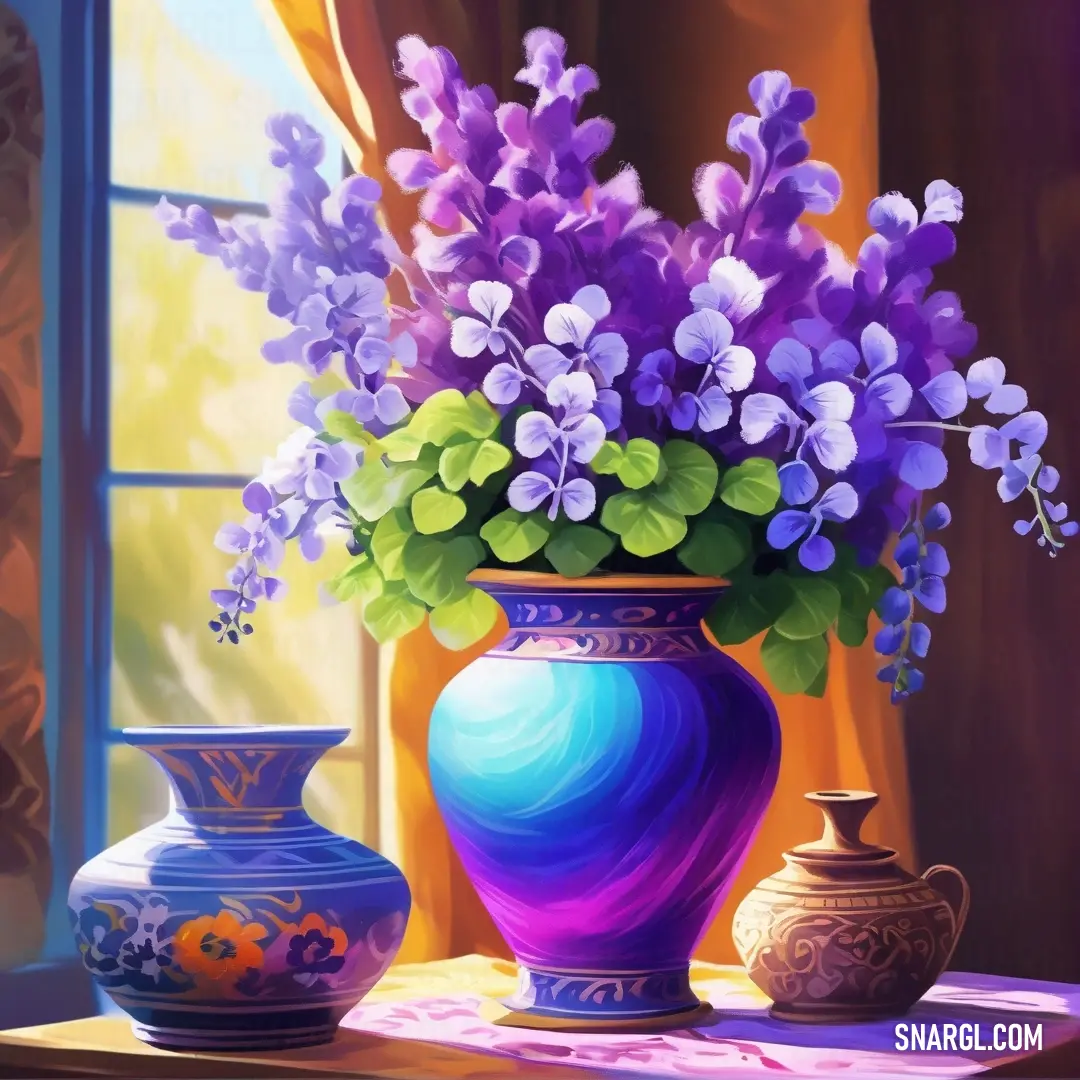 Painting of a vase with purple flowers in it and another vase. Color #BDDA57.