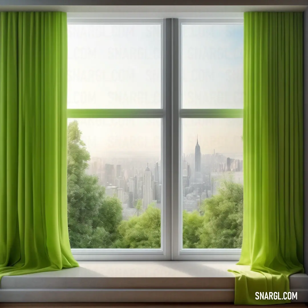 June bud color. Window with a green curtain and a view of a city outside it and a cat on the window sill