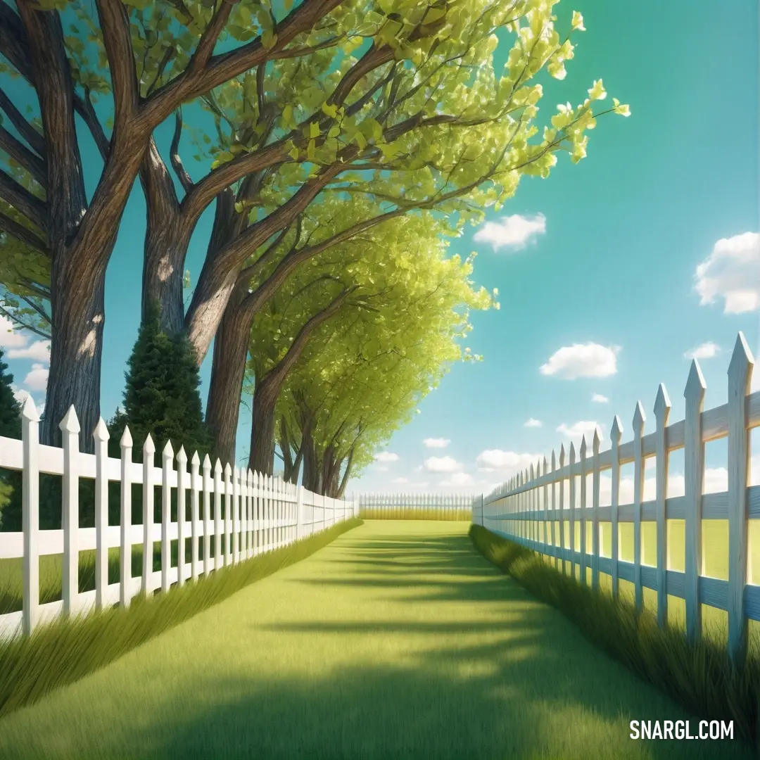 Painting of a white fence and trees in a grassy field with grass. Example of CMYK 13,0,60,15 color.