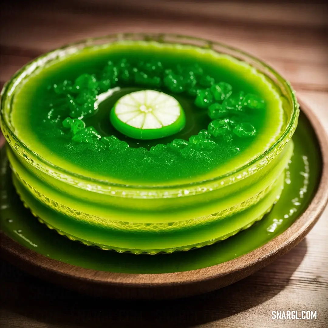 Plate with a green dessert on it on a table with a wooden spoon and a lime slice in the center