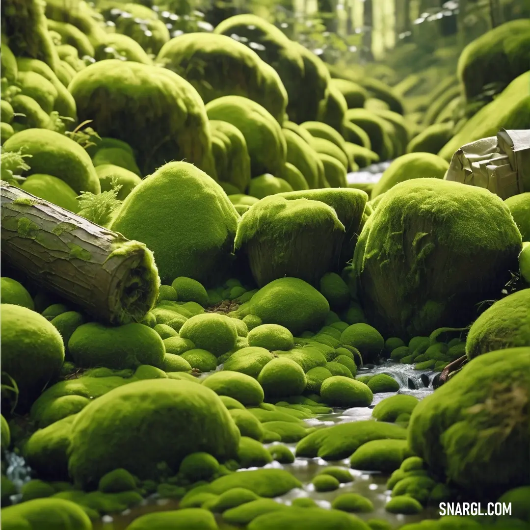 Stream of green moss with a wooden log in the middle of it. Color June bud.