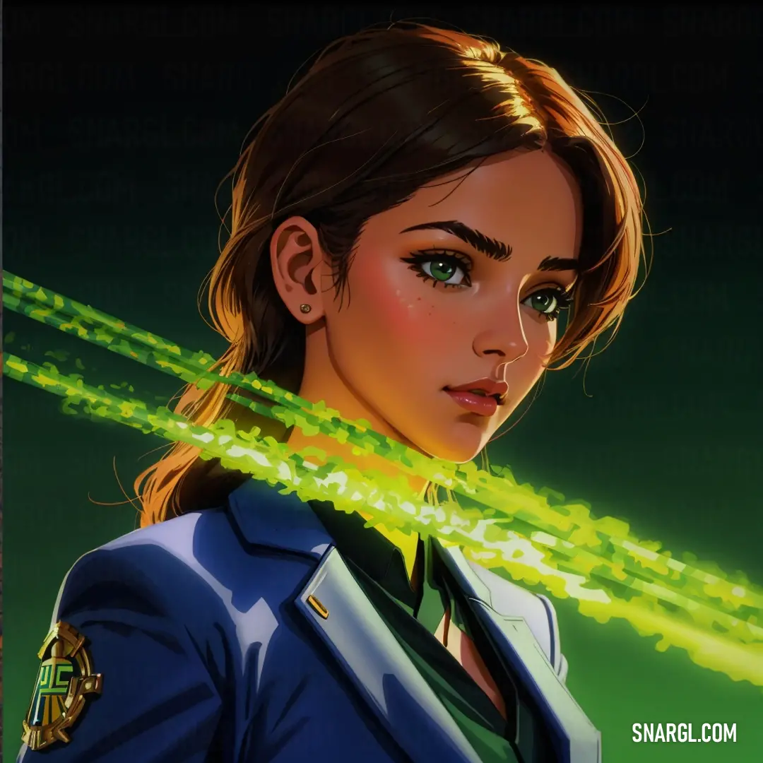 Woman in a uniform with a green light coming out of her face