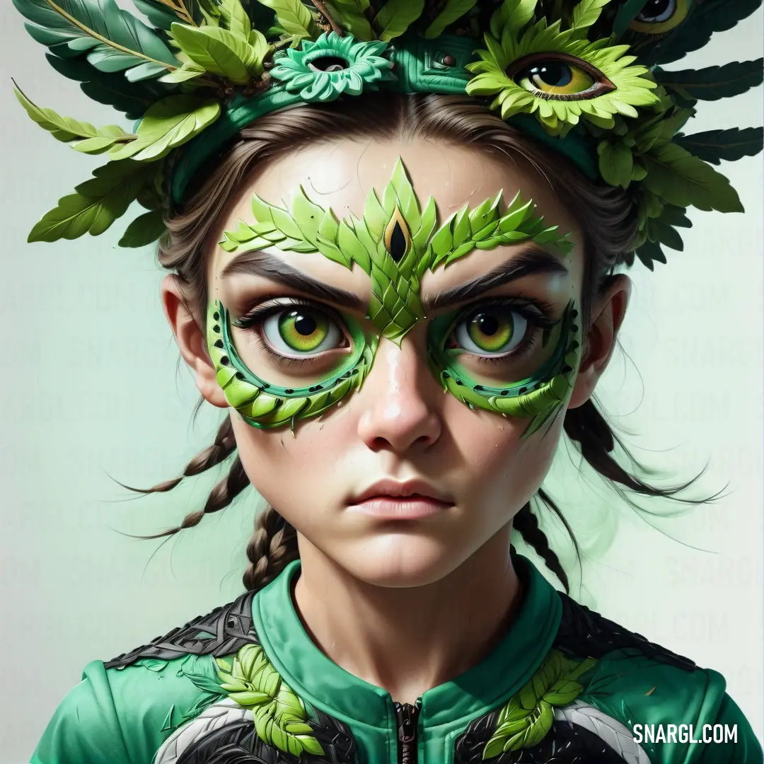 June bud color example: Woman with green leaves on her head and eyes painted green and black