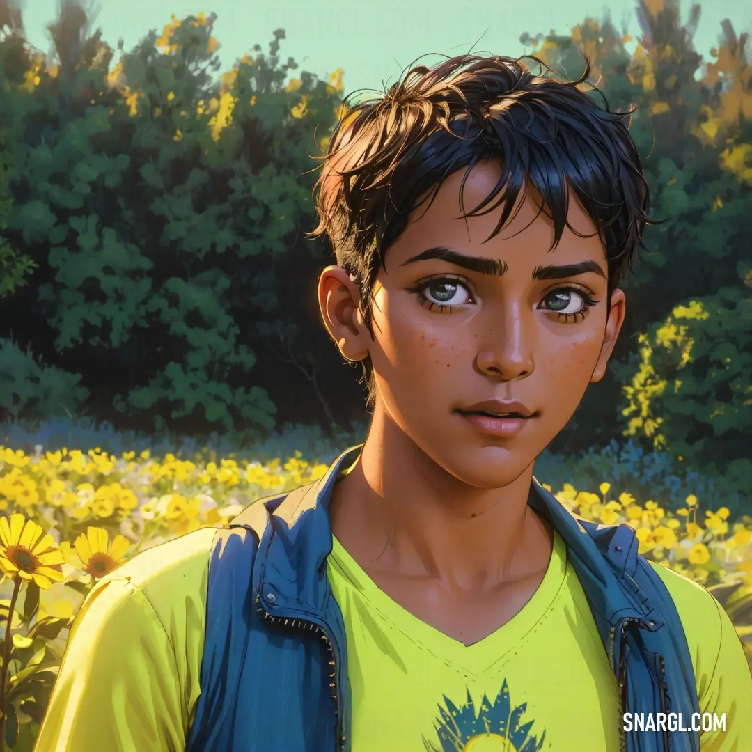 Young boy with a blue vest and a yellow shirt in a field of sunflowers with trees in the background