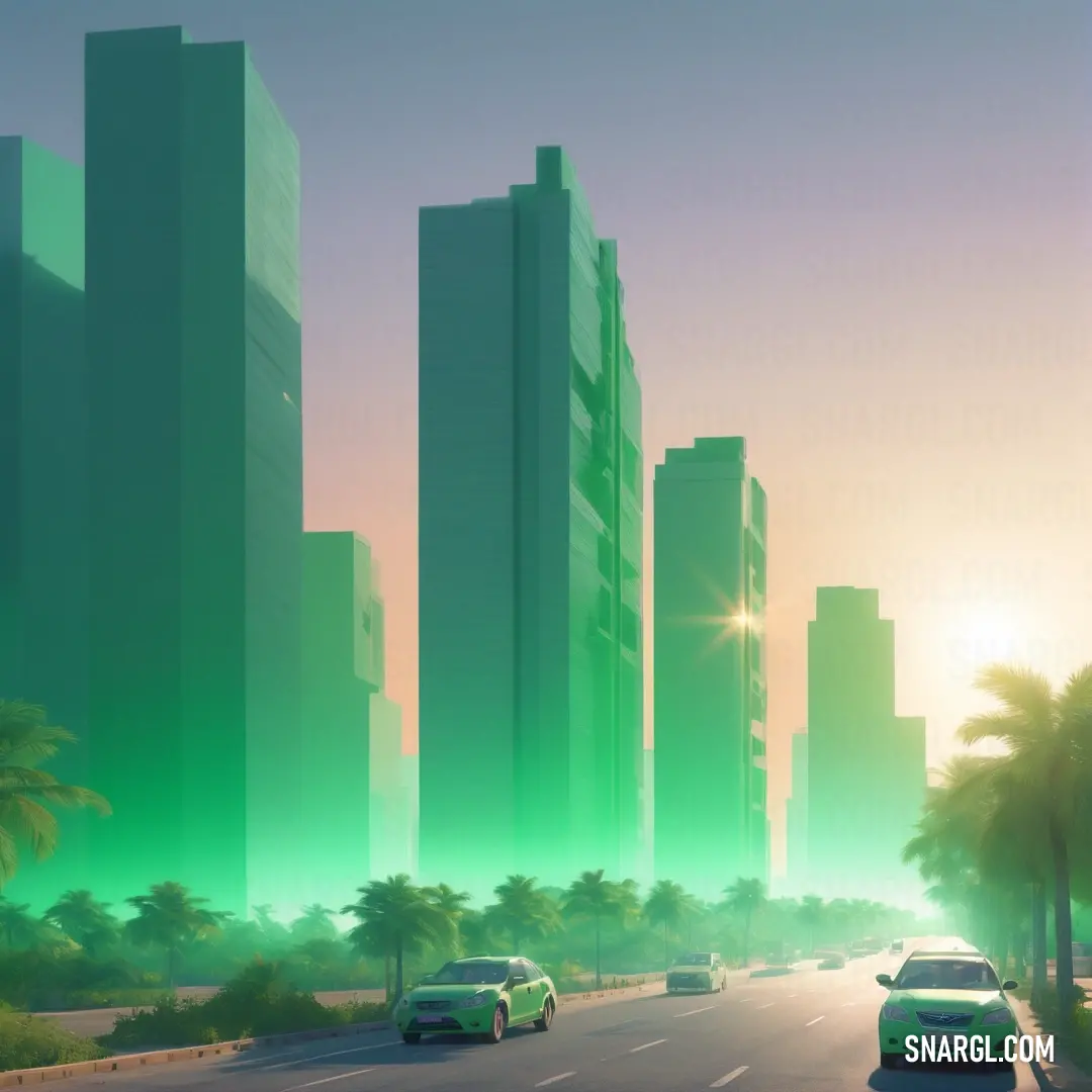 City with tall buildings and palm trees on the side of the road at sunset or dawn with cars driving on the road