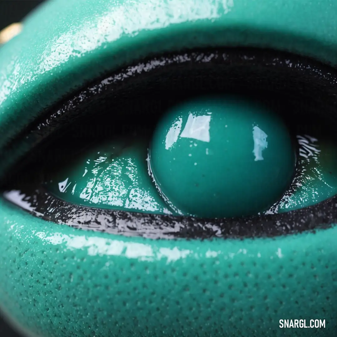 Close up of a green vase with a green eyeball in it's center and a black background