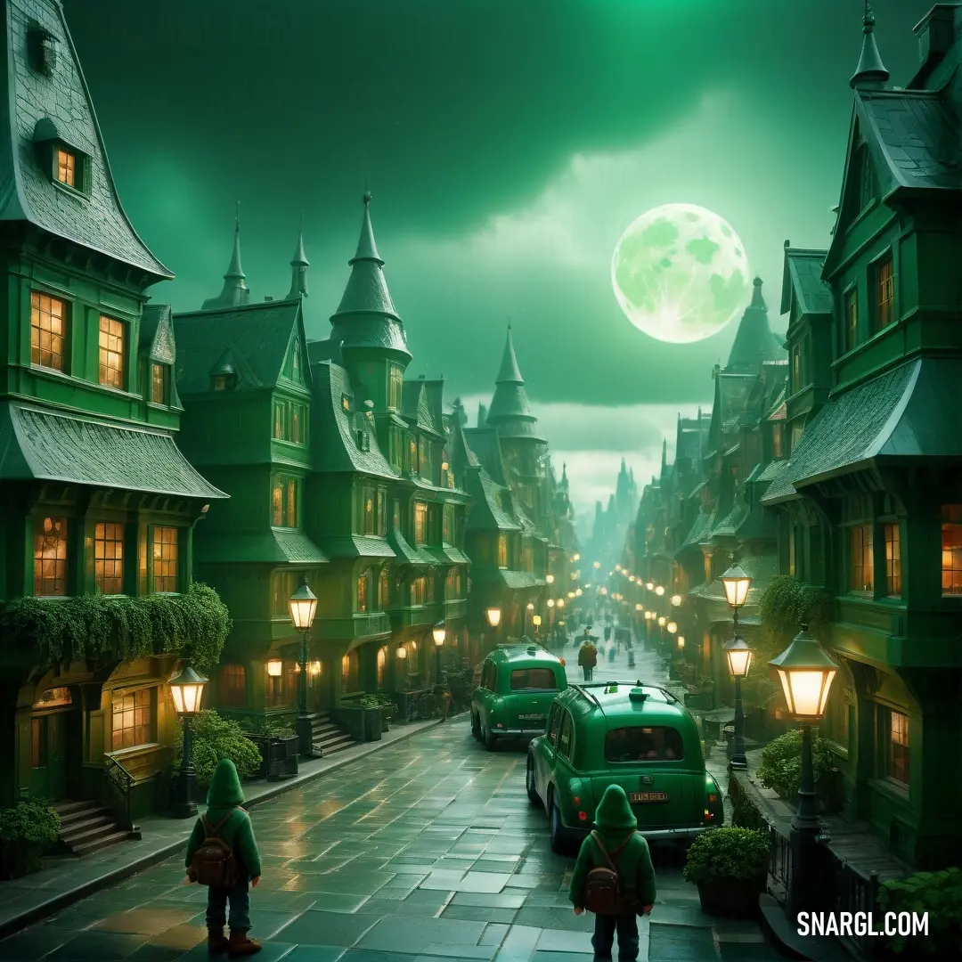 Couple of people walking down a street next to a green car and a green van with a full moon in the background. Example of RGB 41,171,135 color.