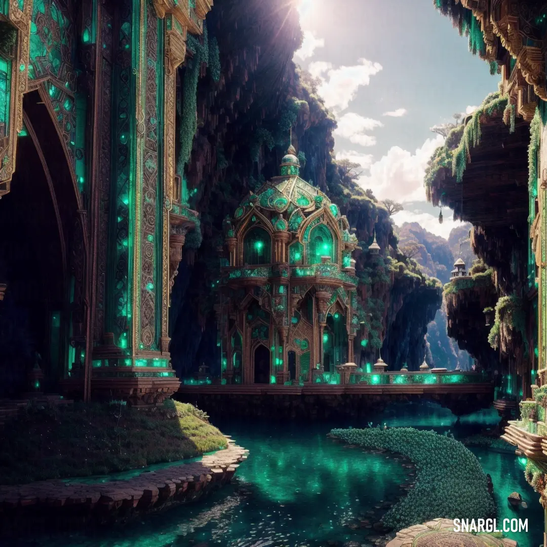 Fantasy scene with a river and a building in the background with green lights on the windows and doors